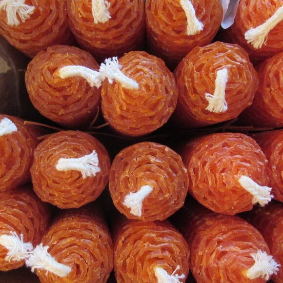 1 pair, Bees Wax candles, Orange, Honeycomb pattern, Hand Rolled, 8" - Picture 3 of 4